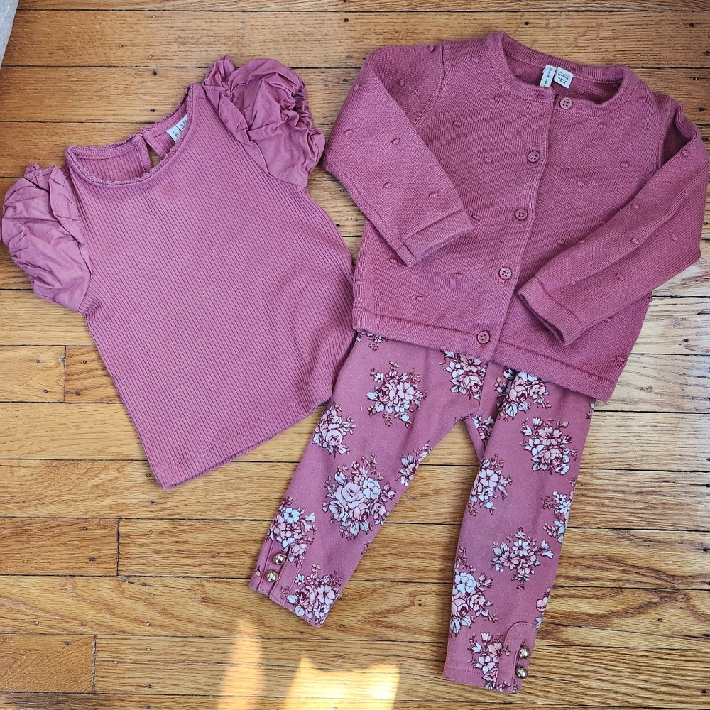 Janie and Jack  Pink Floral Cardigan, Shirt And Pant Set Baby Girl 12-18 Months